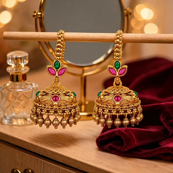Temple_Gold_Plated_Jhumka_With_Leaf_Petal_Design_Pink_Green_Stones_Red