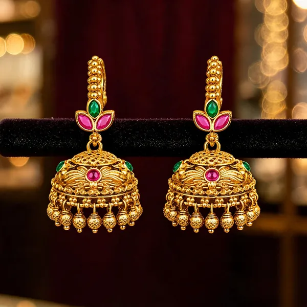 Temple_Gold_Plated_Jhumka_With_Leaf_Petal_Design_Pink_Green_Stones_Red