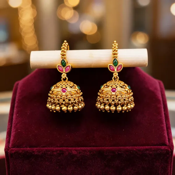 Temple_Gold_Plated_Jhumka_With_Leaf_Petal_Design_Pink_Green_Stones_Green