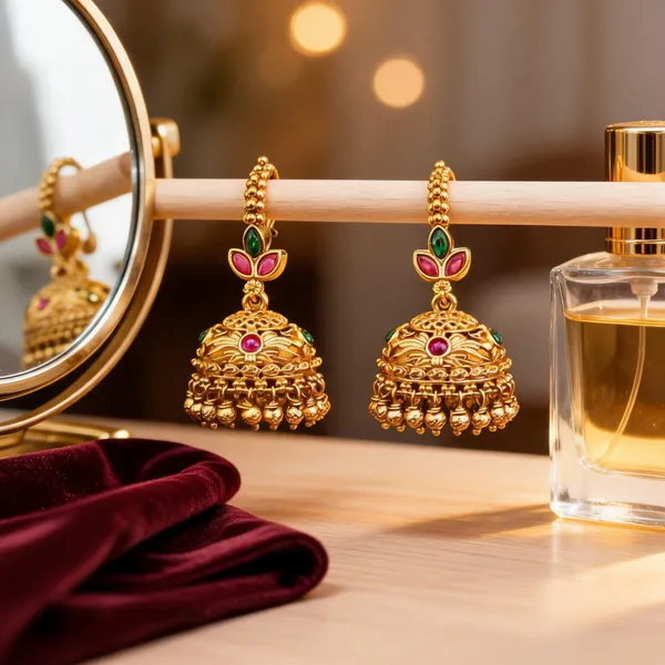 Temple_Gold_Plated_Jhumka_With_Leaf_Petal_Design_Pink_Green_Stones_Green
