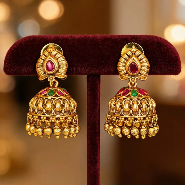 Lightweight_Minimal_Temple_Jhumka_Gold_Plated_Ruby_Work_Green