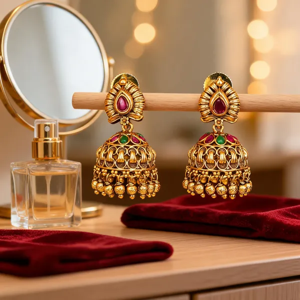 Lightweight_Minimal_Temple_Jhumka_Gold_Plated_Ruby_Work_Green