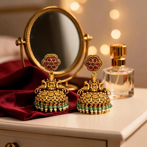 South_Indian_Lakshmi_Jhumkas_Gold_Plated_Ruby_Floral_Top_Green