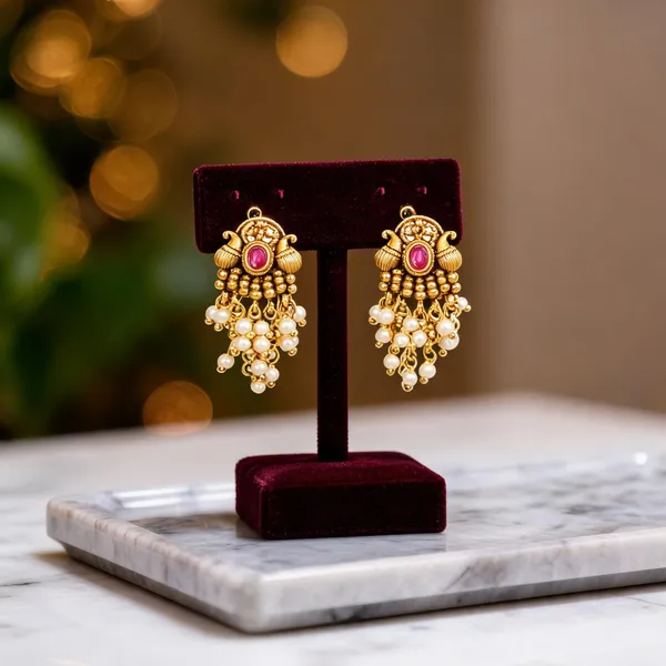 Antique_Gold_Minimal_Bali_Earrings_Pearl_Drop_Temple_Style_Red
