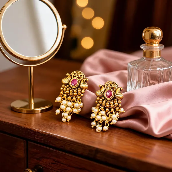 Antique_Gold_Minimal_Bali_Earrings_Pearl_Drop_Temple_Style_Red