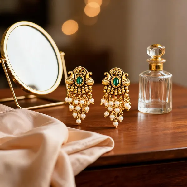 Antique_Gold_Minimal_Bali_Earrings_Pearl_Drop_Temple_Style_Green