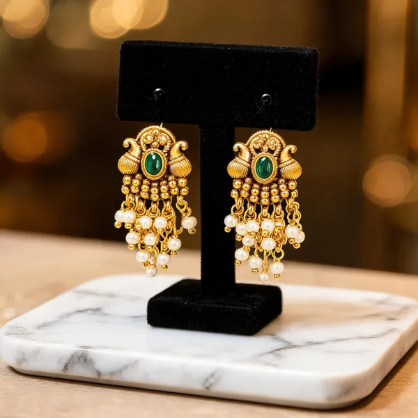 Antique_Gold_Minimal_Bali_Earrings_Pearl_Drop_Temple_Style_Green
