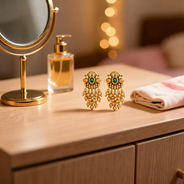 Antique_Gold_Minimal_Bali_Earrings_Pearl_Drop_Temple_Style_Gold_Green