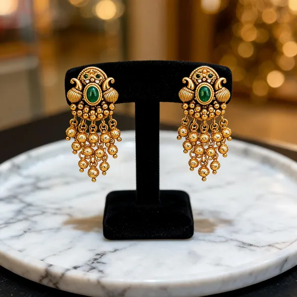 Antique_Gold_Minimal_Bali_Earrings_Pearl_Drop_Temple_Style_Gold_Green