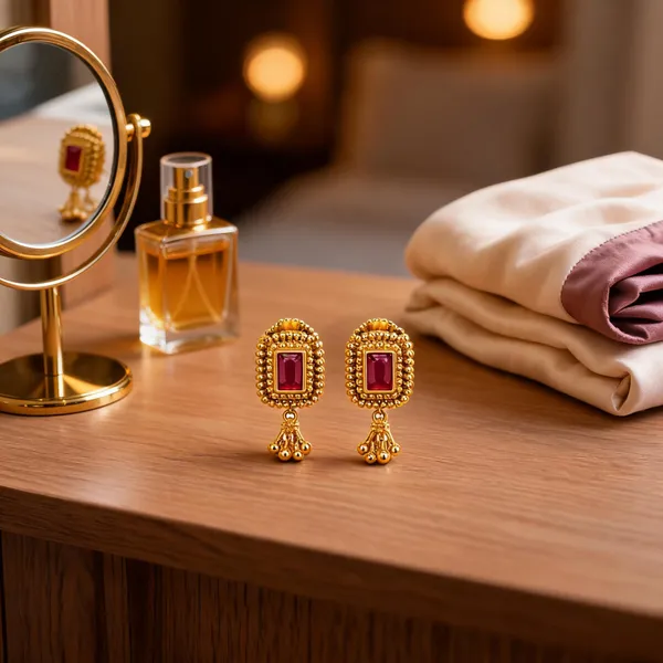 Lightweight_Minimal_Temple_Bali_Gold_Plated_Ethnic_Earrings_Red