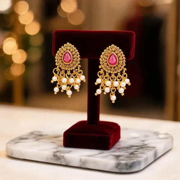 Elegant_Minimal_Temple_Bali_Earrings_Gold_Plated_Ruby_Pearl_Design_Red