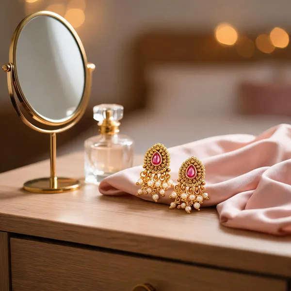 Elegant_Minimal_Temple_Bali_Earrings_Gold_Plated_Ruby_Pearl_Design_Red