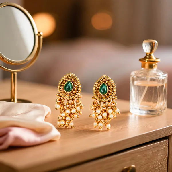 Elegant_Minimal_Temple_Bali_Earrings_Gold_Plated_Ruby_Pearl_Design_Green