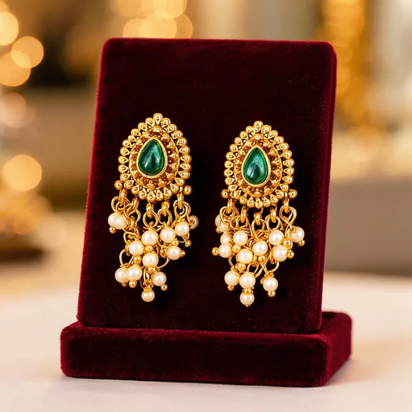 Elegant_Minimal_Temple_Bali_Earrings_Gold_Plated_Ruby_Pearl_Design_Green