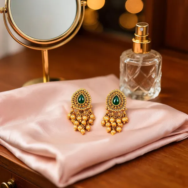 Elegant_Minimal_Temple_Bali_Earrings_Gold_Plated_Ruby_Pearl_Design_Gold_Green