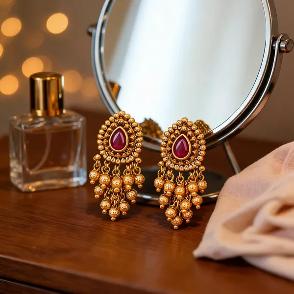 Elegant_Minimal_Temple_Bali_Earrings_Gold_Plated_Ruby_Pearl_Design_Gold_Red