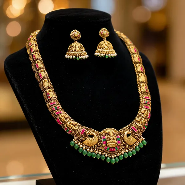 Bridal_Temple_Jewellery_Long_Necklace_Set_With_Lakshmi_Design_Gold_Plated_Green