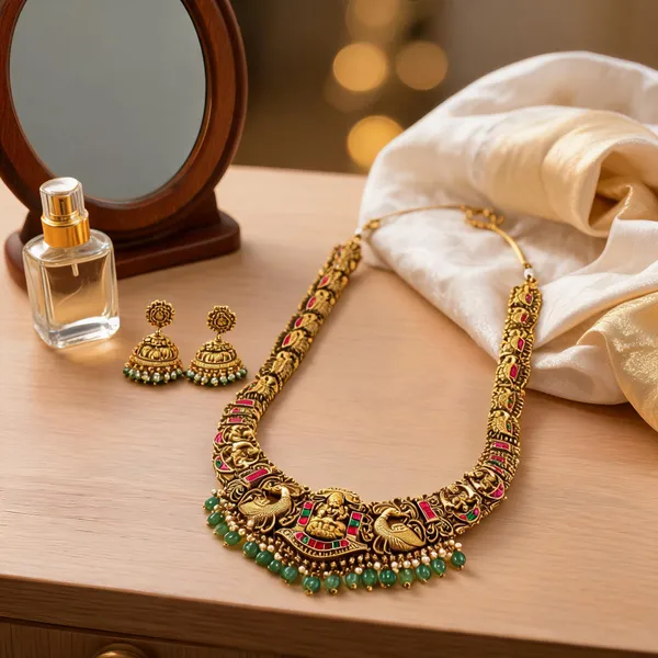 Bridal_Temple_Jewellery_Long_Necklace_Set_With_Lakshmi_Design_Gold_Plated_Green