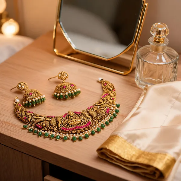 Minimal_Bridal_Temple_Jewellery_Short_Necklace_Set_Lakshmi_Motif_Red