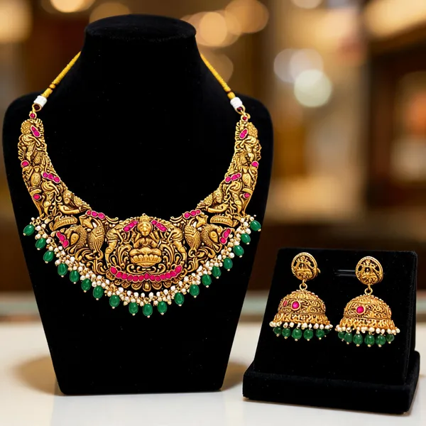 Minimal_Bridal_Temple_Jewellery_Short_Necklace_Set_Lakshmi_Motif_Red