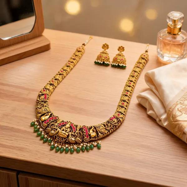 Ethnic_Temple_Jewellery_Long_Necklace_Set_With_Lakshmi_Design_Red