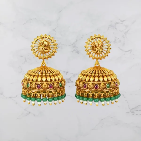 Temple_Jhumka_Earrings_With_Pink_Stones_Green_Beads_Red