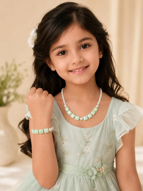 Green_Plastic_Pearl_Beaded_Necklace_Bracelet_Set_For_Girls
