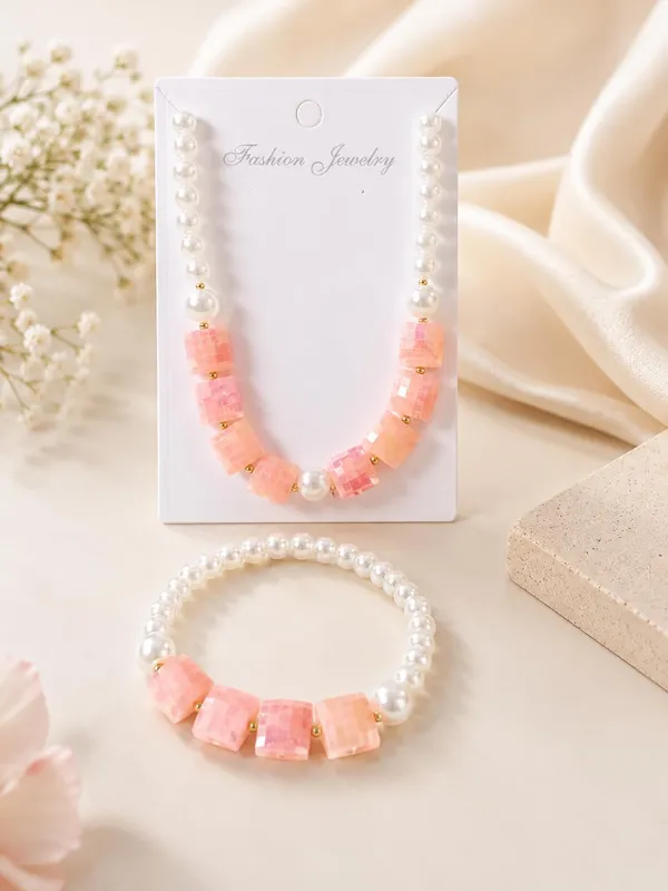 Peach_Plastic_Pearl_Beaded_Necklace_Bracelet_Set_For_Girls