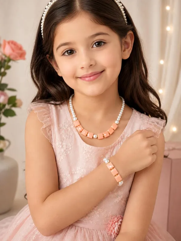 Peach_Plastic_Pearl_Beaded_Necklace_Bracelet_Set_For_Girls