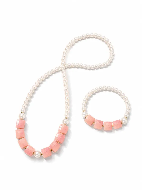 Peach_Plastic_Pearl_Beaded_Necklace_Bracelet_Set_For_Girls