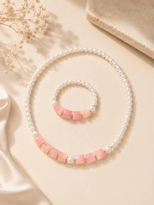 Peach_Plastic_Pearl_Beaded_Necklace_Bracelet_Set_For_Girls
