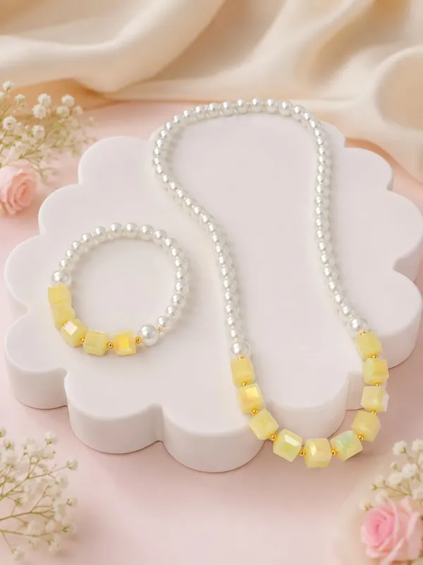 Yellow_Acrylic_Pearl_Beaded_Necklace_Bracelet_Set_For_Girls