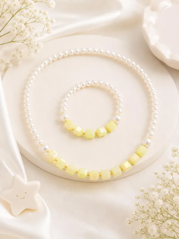 Yellow_Acrylic_Pearl_Beaded_Necklace_Bracelet_Set_For_Girls