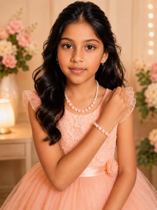 Peach_Acrylic_Pearl_Beaded_Necklace_Bracelet_Set_For_Girls