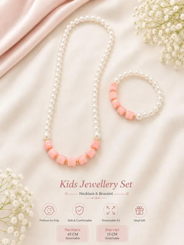 Peach_Acrylic_Pearl_Beaded_Necklace_Bracelet_Set_For_Girls