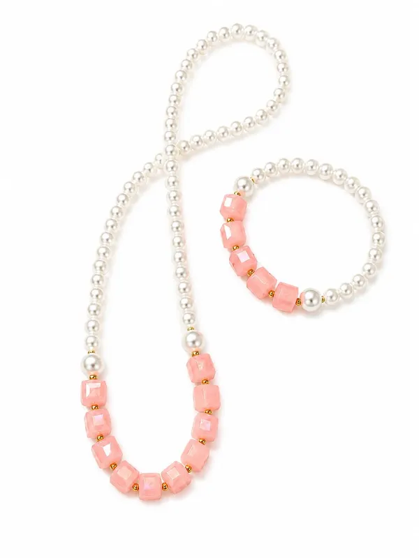 Peach_Acrylic_Pearl_Beaded_Necklace_Bracelet_Set_For_Girls