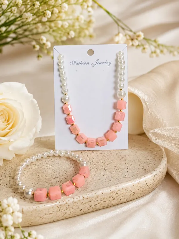 Peach_Acrylic_Pearl_Beaded_Necklace_Bracelet_Set_For_Girls