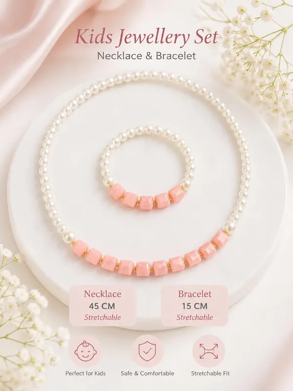 Peach_Acrylic_Pearl_Beaded_Necklace_Bracelet_Set_For_Girls