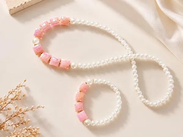 Peach_Plastic_Pearl_Beaded_Necklace_Bracelet_Set_For_Girls