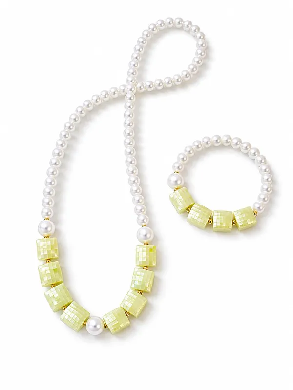 Yellow_Plastic_Pearl_Beaded_Necklace_Bracelet_Set_For_Girls