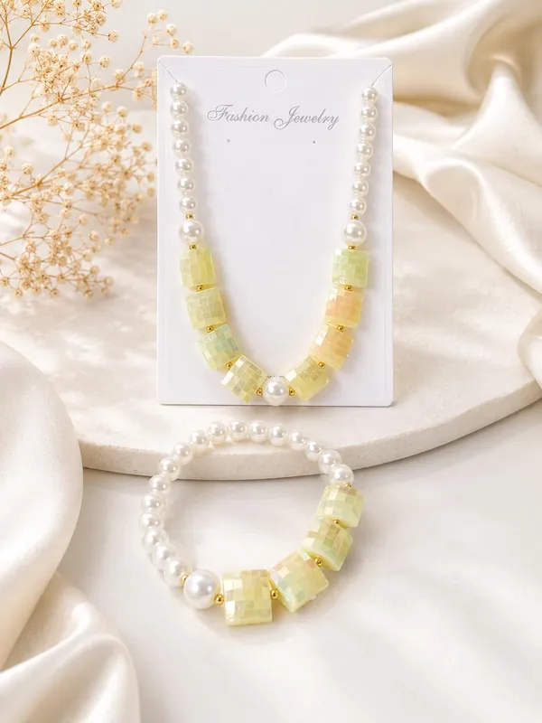 Yellow_Plastic_Pearl_Beaded_Necklace_Bracelet_Set_For_Girls