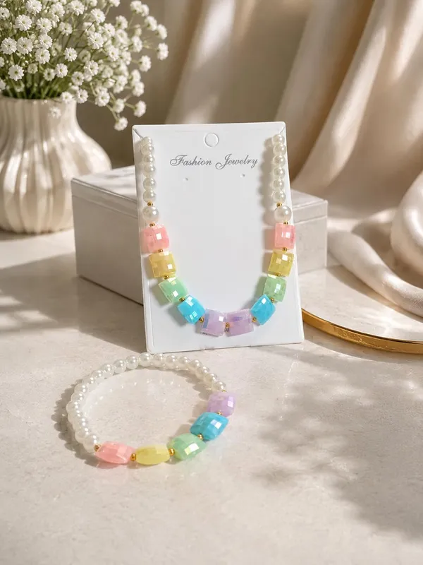 Rainbow_Plastic_Pearl_Beaded_Necklace_Bracelet_Set_For_Girls
