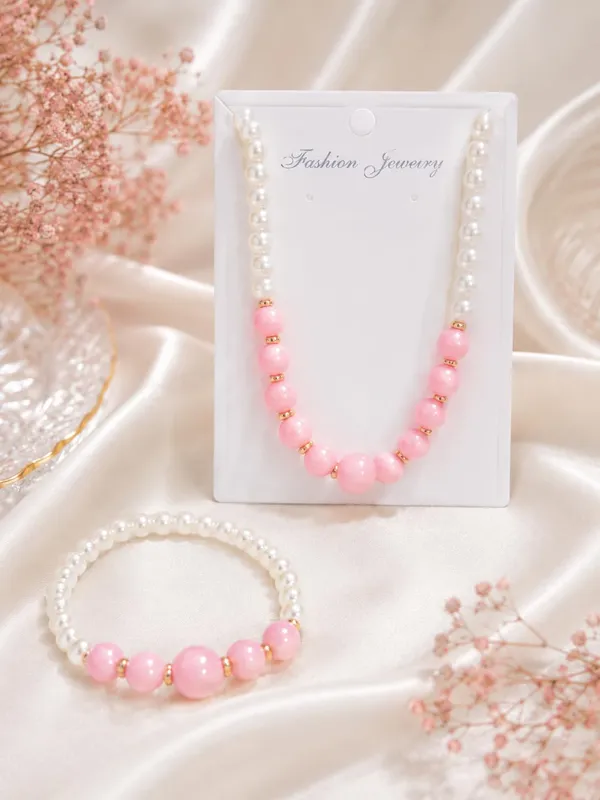 Light_Pink_Acrylic_Beaded_Necklace_Bracelet_Jewellery_Set_For_Girls