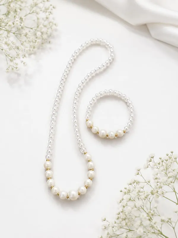 White_Acrylic_Beaded_Necklace_Bracelet_Set_For_Girls