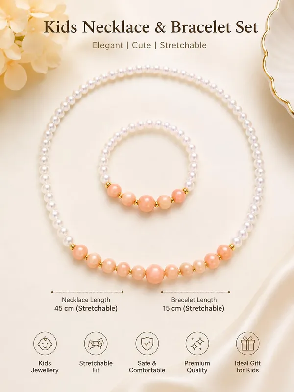 Peach_Acrylic_Beaded_Necklace_Bracelet_Set_For_Girls