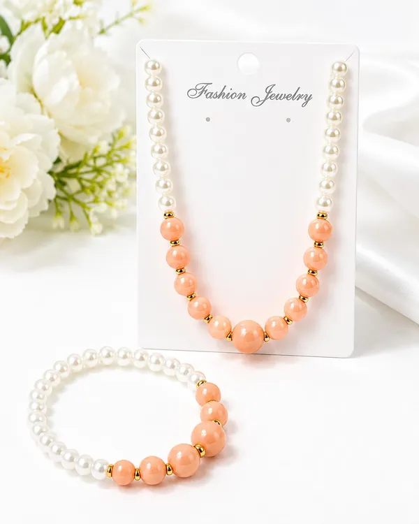 Peach_Acrylic_Beaded_Necklace_Bracelet_Set_For_Girls
