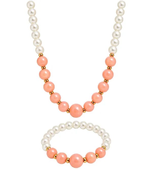 Peach_Acrylic_Beaded_Necklace_Bracelet_Set_For_Girls