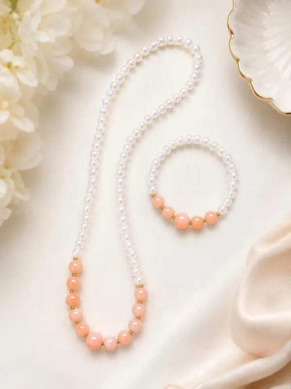 Peach_Acrylic_Beaded_Necklace_Bracelet_Set_For_Girls
