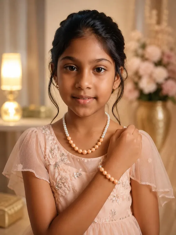 Peach_Acrylic_Beaded_Necklace_Bracelet_Set_For_Girls