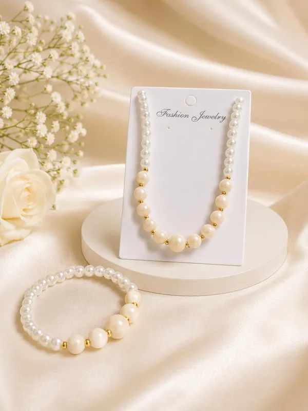 White_Peach_Acrylic_Beaded_Necklace_Bracelet_Set_For_Girls